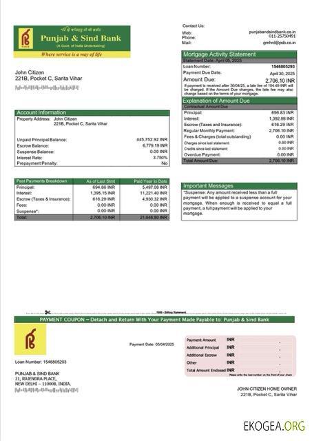 Modèle Word et PDF de relevé hypothécaire de la India Punjab & Sind Bank